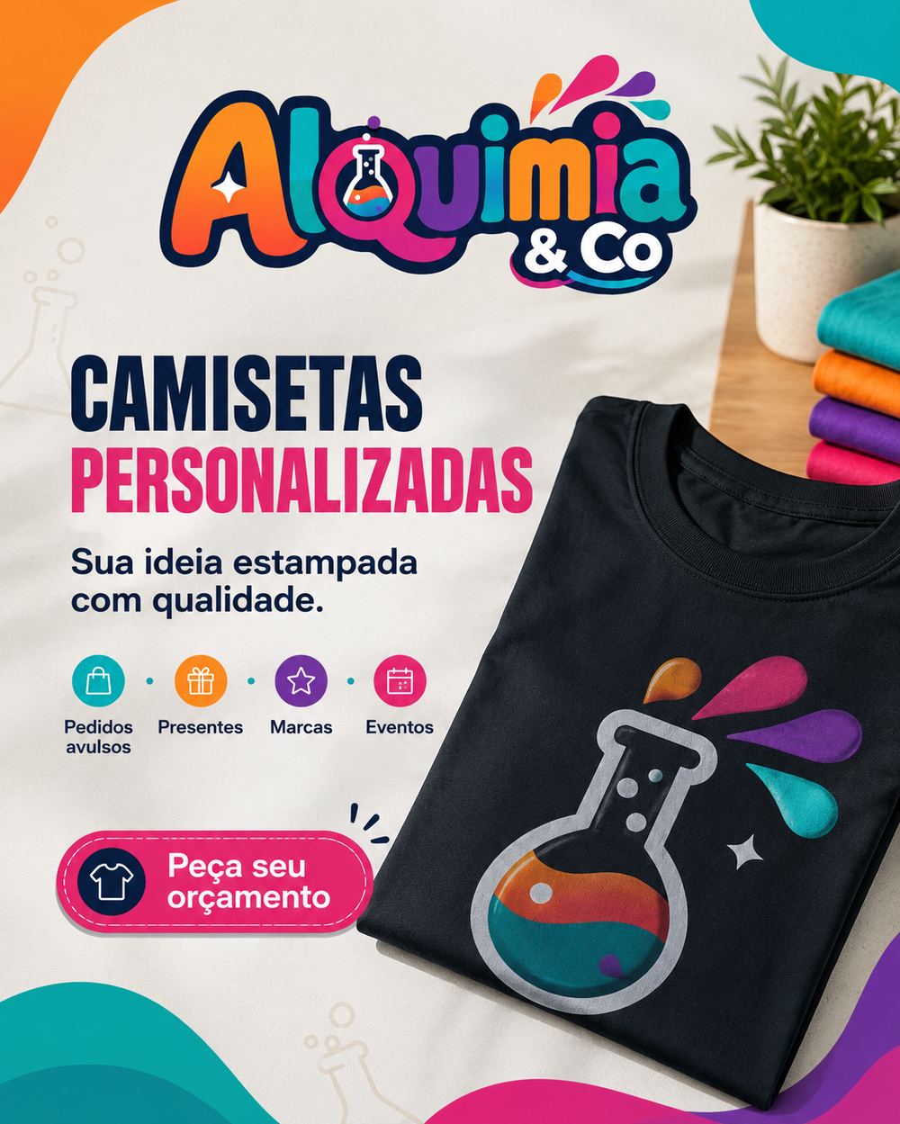 Camiseta personalizada Alquimia & Co com estampa de frasco colorido em DTF