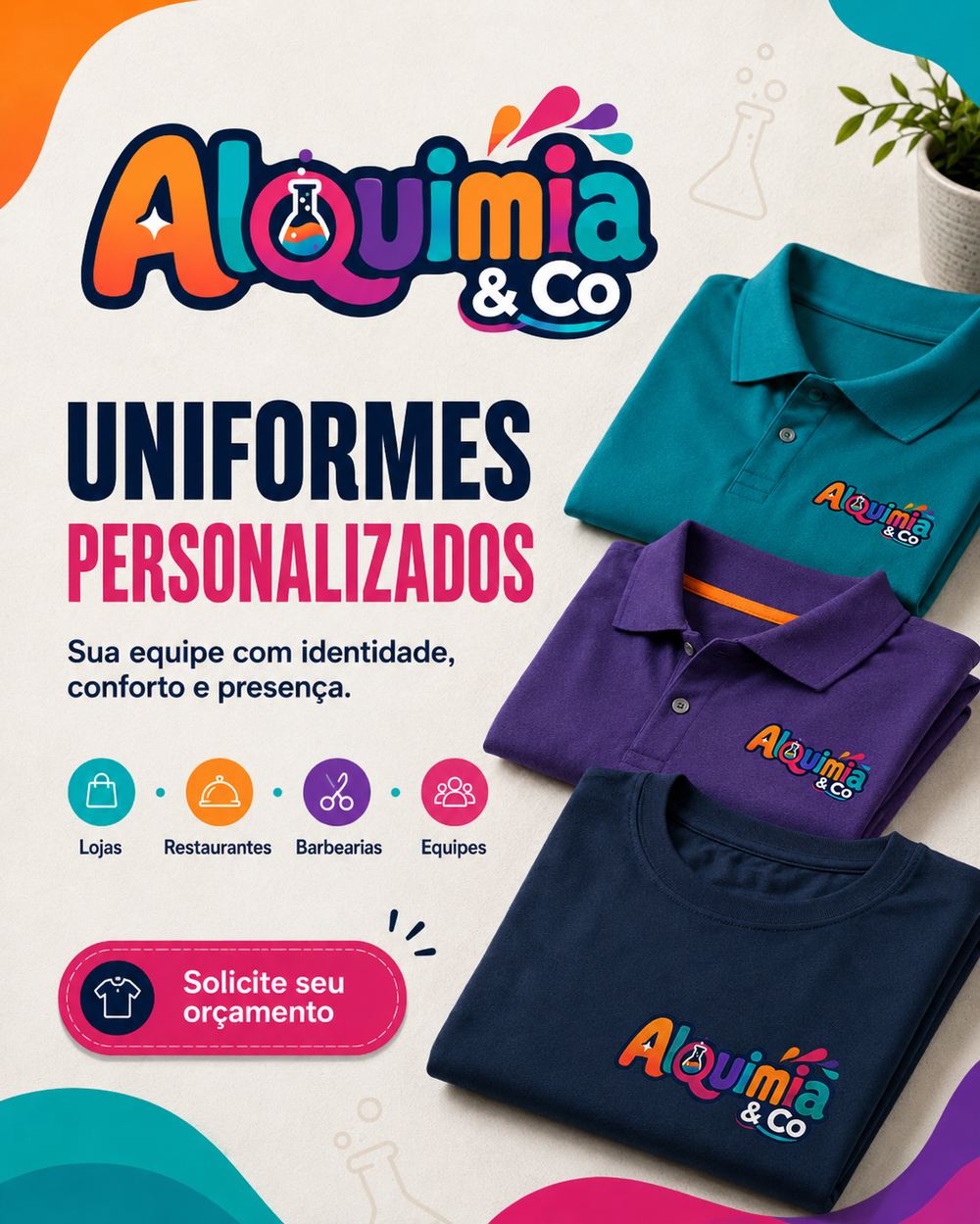 Uniformes personalizados em polo turquesa, roxo e azul-marinho